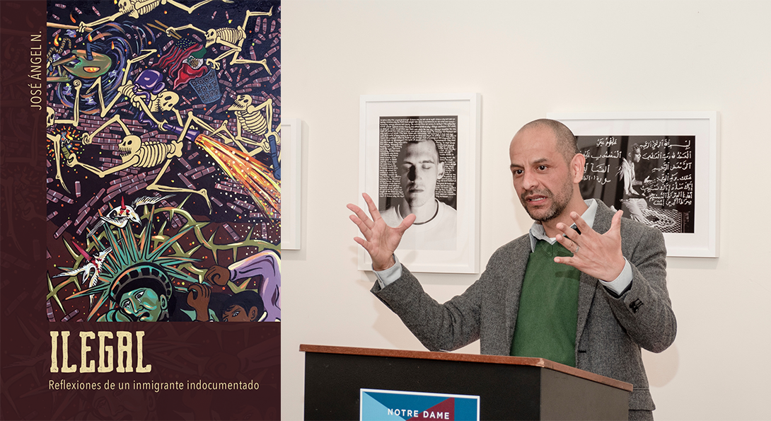 collage showing the cover of Illegal and José Ángel Navejas giving a talk
