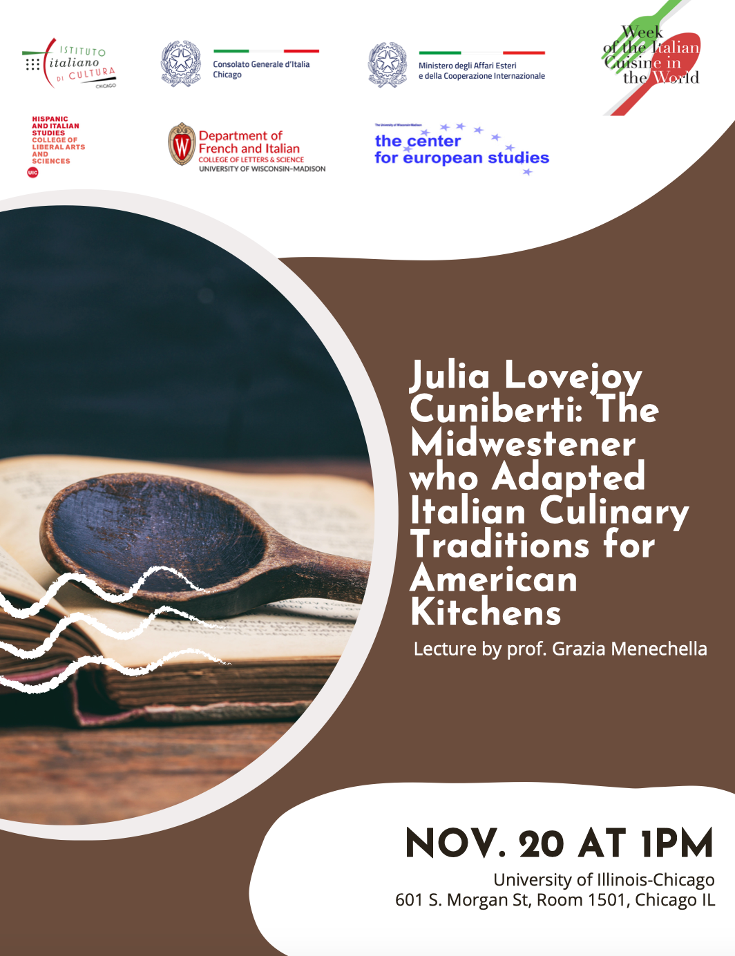 Flyer – photo of wooden spoon on book. Text reads Julia Lovejoy Cuniberti: The Midwestener who Adapted Italian Culinary Traditions for American Kitchens  Lecture by prof. Graz