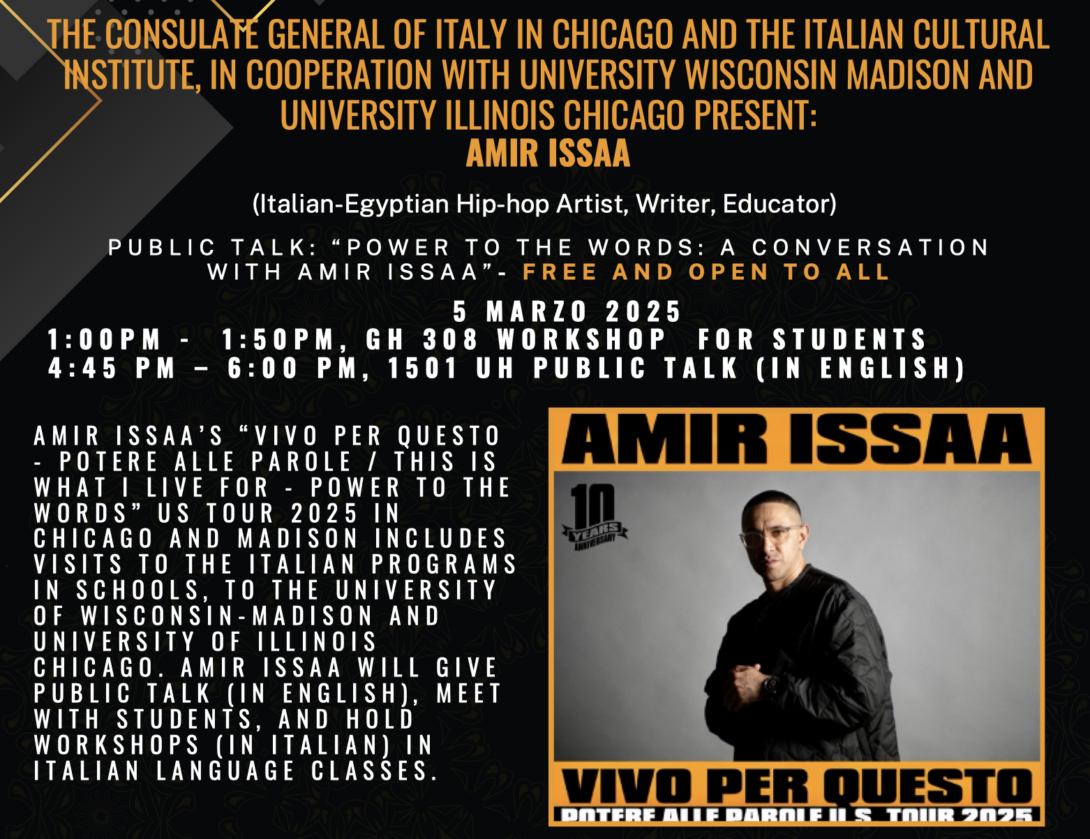 Flyer, image of Amir Issaa (person wearing black jack and holding hands together) in bottom corner